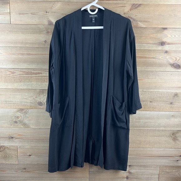 Eileen Fisher Sweaters - Eileen Fisher Womens Cardigan Open Front Pockets Black Minimalist 100% Silk PL